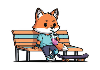 Illustration of a cartoon fox sitting on a park bench with a skateboard and drinking a beverage.