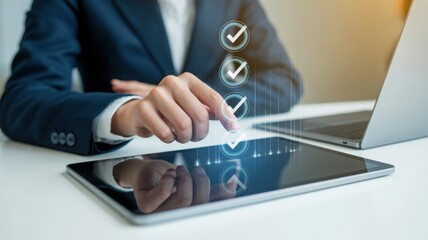 A person's hand interacting with a digital tablet screen, showcasing an efficient work process. The image has a business and technology theme