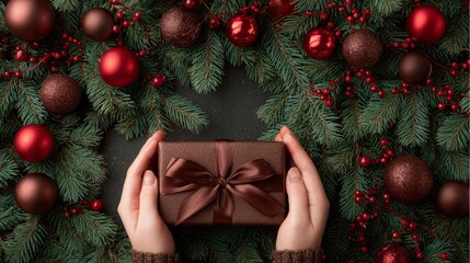 Female hands in cozy sweater holding gift box with elegant brown bow against decorated Christmas tree branches. Festive holiday present with ribbon near ornaments and pine needles.