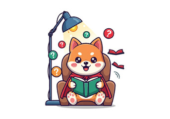 A cartoon Shiba Inu dog sitting in a chair reading a book under a lamp with question marks around it.