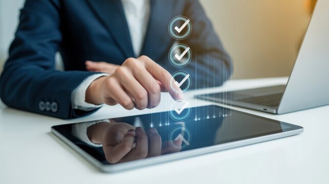 A person's hand interacting with a digital tablet screen, showcasing an efficient work process. The image has a business and technology theme