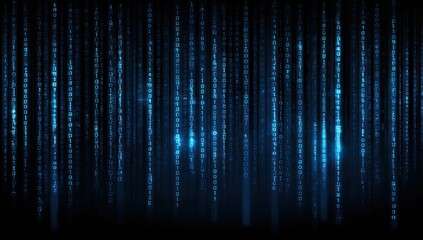 Blue binary code streams vertically against a dark background.
