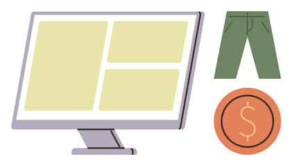 Desktop monitor displaying product layout, green pants illustration, and currency coin. Ideal for e-commerce, retail, finance, technology, fashion, marketing shopping apps simple flat metaphor