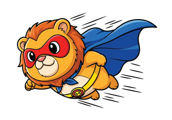 Cartoon lion wearing superhero costume with cape flying through air on white background