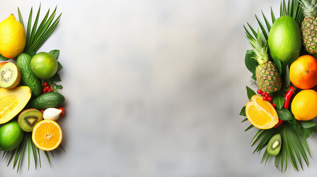 Fresh fruits and vegetables border on a light grey background with copy space, perfect for healthy eating, diet or summer promotion images with natural ingredients and vitamins