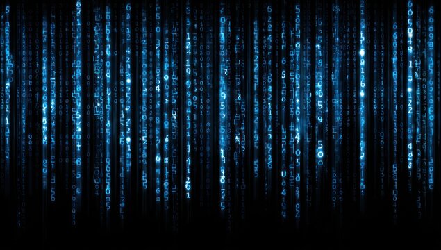 Blue digital code streams vertically against a black background.