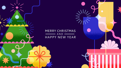 Vector holiday banner with Christmas tree, gifts, champagne glasses. Design for party invitation, greeting card, poster.