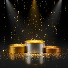 Celebratory Winners Podium with Falling Confetti and Streamers Illuminated by Dramatic Spotlights on a Reflective Black Background