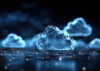 Glowing digital cloud network structure against dark blue background