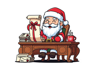 Cartoon Santa Claus sitting at a wooden desk with gifts and letters on a white background.