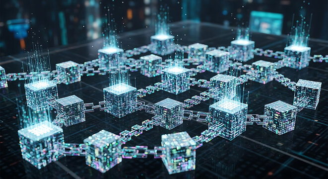 Blockchain network concept with glowing interconnected cubes and data transfer digital illustration