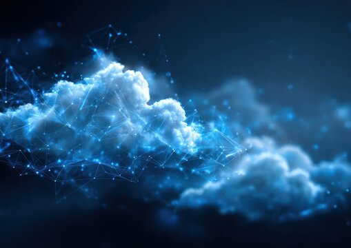 Abstract blue cloud network structure in dark digital space background - Powered by Adobe