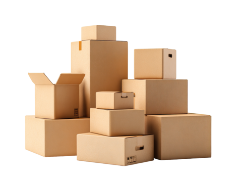 Stacked cardboard boxes of varying sizes, some open, against a black background
