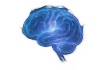 Abstract concept of glowing human brain with active neural pathways, symbolizing thinking, mental health, and technology. Transparent background