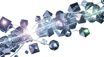 Abstract geometric shapes interconnected by glowing lines and sparkling particles on a clean background.