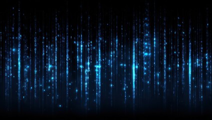 Digital blue binary code streams vertically against a dark background.