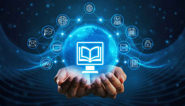 E-learning concept with digital book and global network
