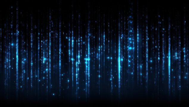 Digital blue binary code streams vertically against a dark background. - Powered by Adobe