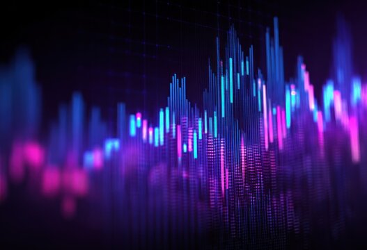Abstract glowing bar chart data visualization with blue and magenta light.
