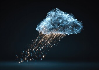 Digital network cloud structure raining glowing data points downward