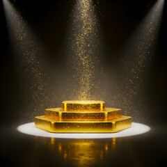 Luxurious Golden Tiered Hexagonal Podium in Bright Circular Spotlight with Heavy Falling Magic Glitter Dust for an Awards Ceremony