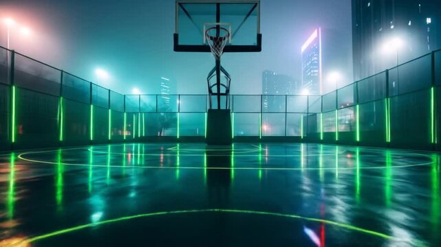 Neon Basketball Court at Night: Urban Sport Scene
