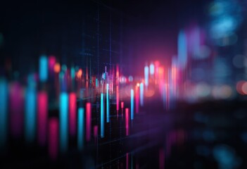 Abstract glowing financial chart with blue and pink bars in darkness.