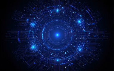 Abstract glowing blue digital circuit board pattern on black background