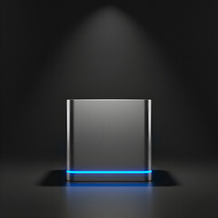 Futuristic Brushed Chrome Rectangular Pedestal with Glowing Neon Blue Light Base on a Dark Studio Background