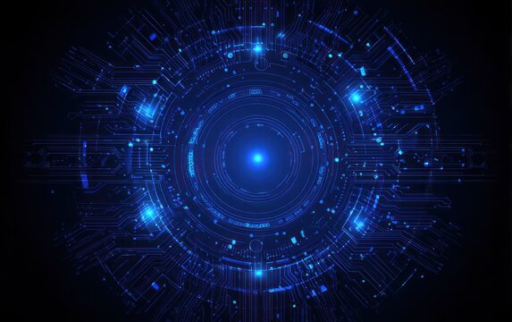 Abstract glowing blue digital circuit board pattern on black background - Powered by Adobe