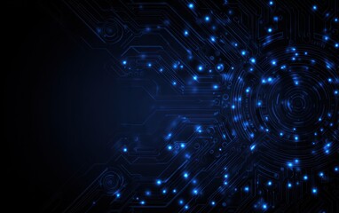 Dark blue digital circuit board background with glowing blue lights.