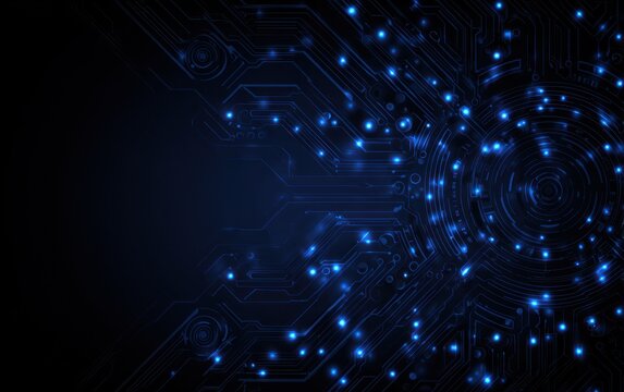 Dark blue digital circuit board background with glowing blue lights. - Powered by Adobe