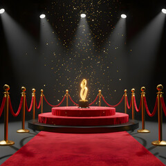 Red Carpet Podium Stage with Velvet Ropes and Gold Stanchions, Spotlighted for an Awards Ceremony or VIP Event.