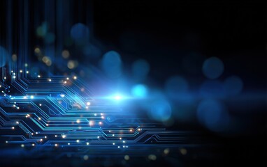 Abstract blue circuit board lines with glowing lights on black background.