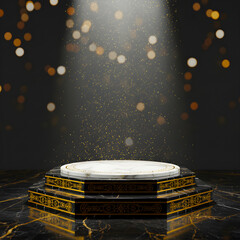 Opulent Black and White Marble Hexagonal Podium Stage for Product Photography, Spotlighted on a Dark Background.