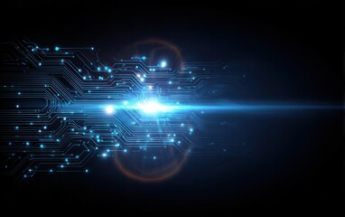 Abstract blue glowing circuit board lines on a dark background.
