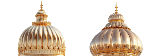 Two ornate golden temple domes with intricate architectural details, isolated elegant design. isolated on transparent background