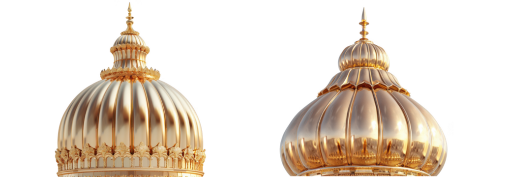 Two ornate golden temple domes with intricate architectural details, isolated elegant design. isolated on transparent background