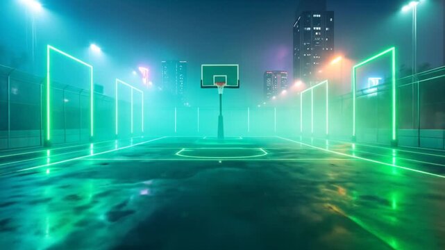Neon Basketball Court: Futuristic Night Scene, Glowing Lines, Urban Ambiance. - Powered by Adobe