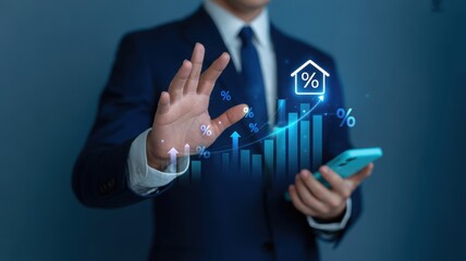 A businessman interacts with a holographic real estate financial data display