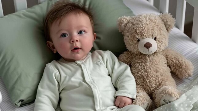 Happy baby enjoys cuddling with soft teddy bears while resting in a cozy nursery environment filled with comfort