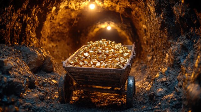 A cart filled with gold nuggets in a dimly lit mine tunnel symbolizes wealth and discovery