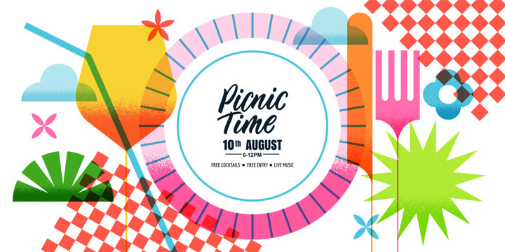 Vector picnic background with wine glass, plate, fork, knife and tablecloth. Design for party invitation, poster, menu