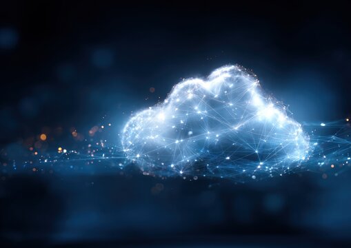 Glowing digital cloud network structure against dark blue background - Powered by Adobe