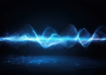 Abstract glowing blue particle wave floats over dark digital surface