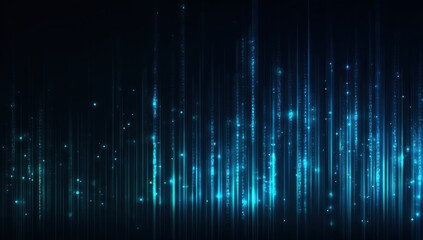 Abstract dark background with vertical glowing blue digital streams and particles.