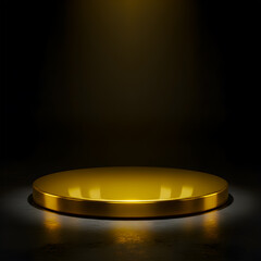 Simple Minimalist Circular Gold Podium Stage on a Dark Concrete Floor, Spotlighted for an Elegant Product Reveal.