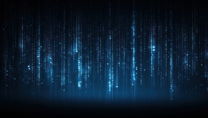 Digital matrix code streams downward against a dark blue background.