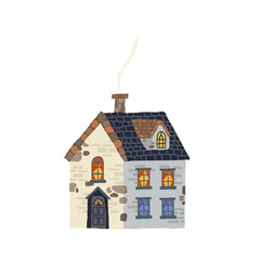A pretty brick cottage with a chimney and windows. Vector illustration of a house with a blue roof