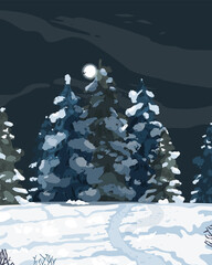 Vector illustration of a night landscape with the moon illuminating a snow covered field with Christmas trees in the background